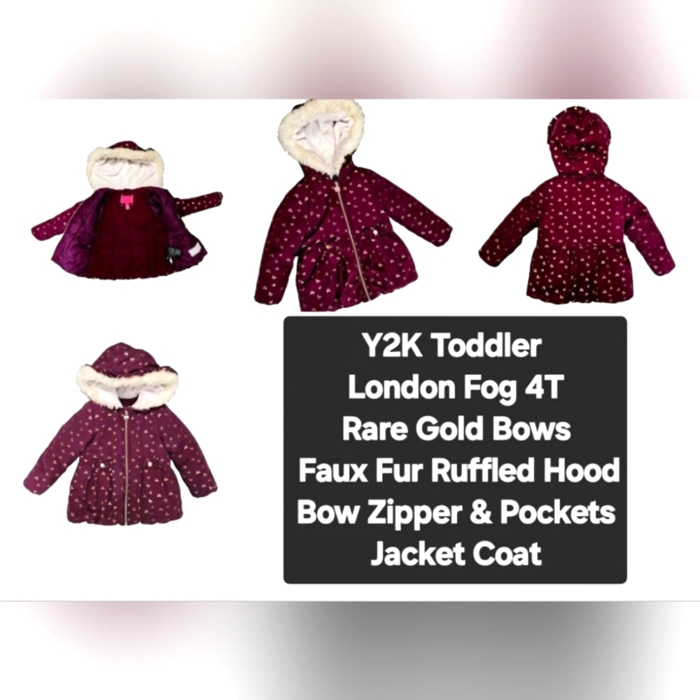 London Fog Y2K Girls Babydoll Gold Bows Soft Faux Fur Hooded Jacket Coat 4T